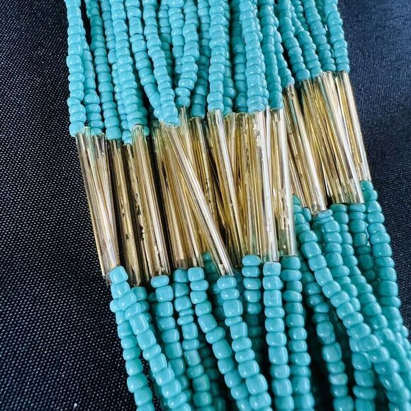 Stunning Waterfall Turqoise Green Gold Multi Strand Seed Bead Statement Necklace - Picture 14 of 15